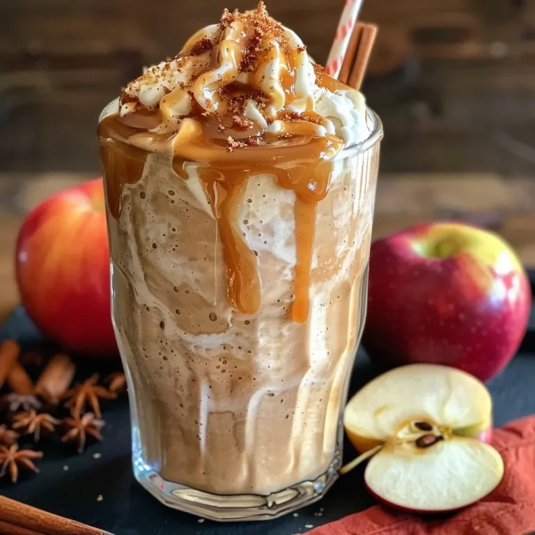 Close-up view of a creamy caramel apple cider shake with a drizzle of caramel on top.