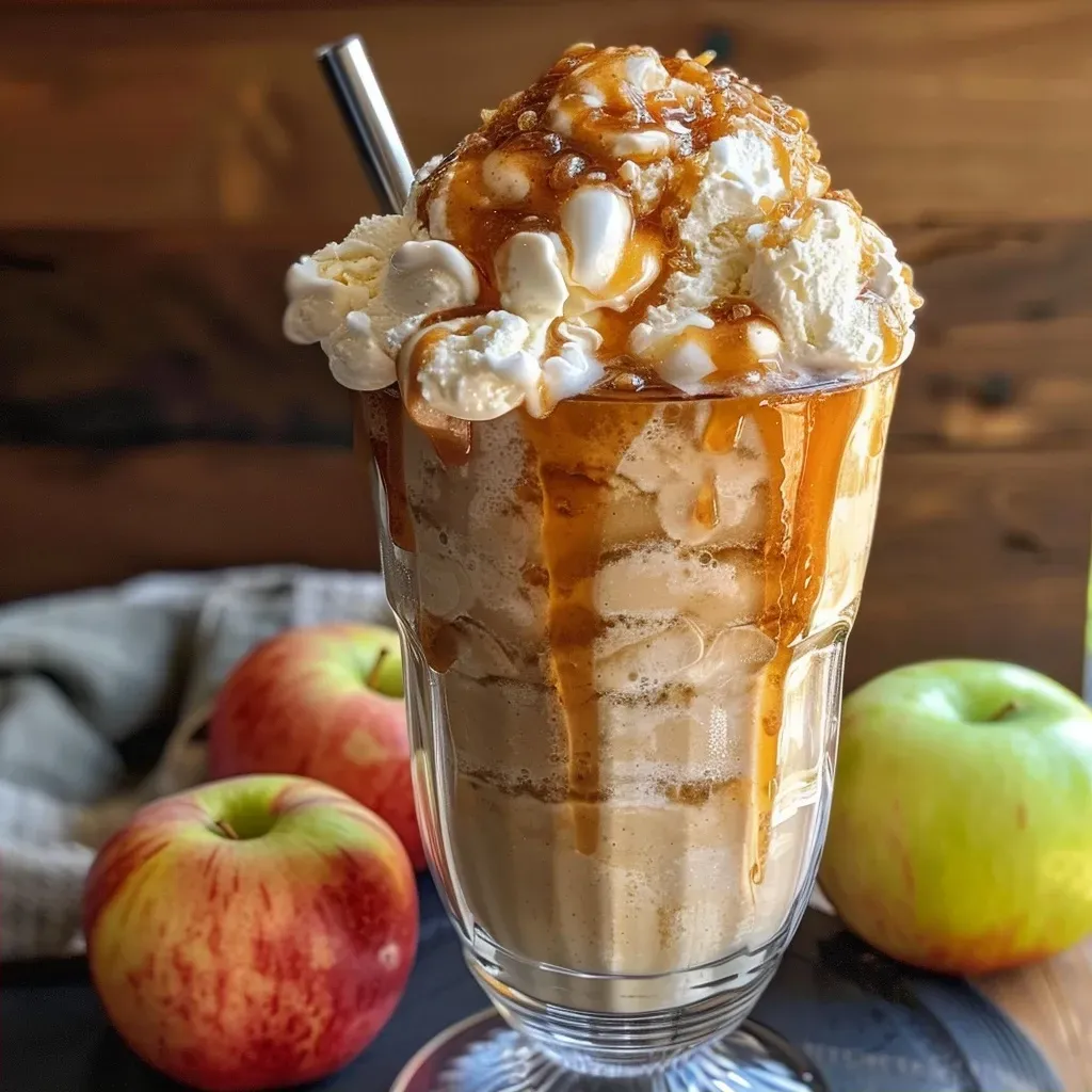 Side profile of a frosty caramel apple cider reduction shake in a glass, inviting and delicious.