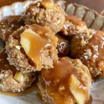 Close-up view of caramel apple cookie dough bites, showcasing a gooey texture.