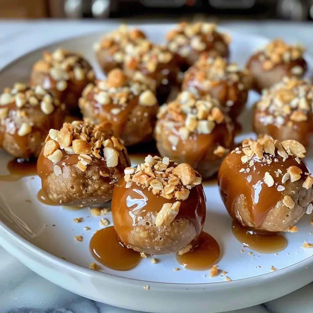 Side angle of cookie dough bites featuring caramel and apple pieces.
