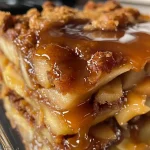 Side view of a Caramel Apple Dump Cake with a golden crust and glossy caramel drizzle.