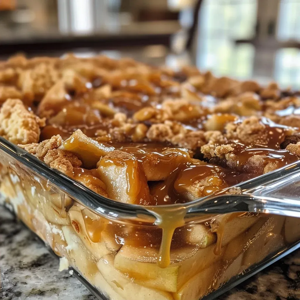 Close up of a slice of Caramel Apple Dump Cake showcasing apple filling and cake layers.
