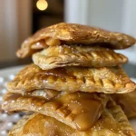 Close-up view of golden-brown caramel apple hand pies with a flaky crust and visible apple filling.