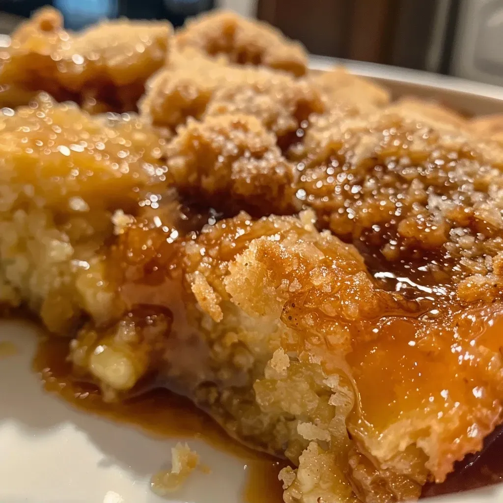 Side view of a decadent caramel cobbler, showcasing its rich texture and color.
