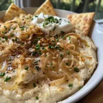 Close-up view of creamy caramelized onion dip garnished with chives in a bowl.