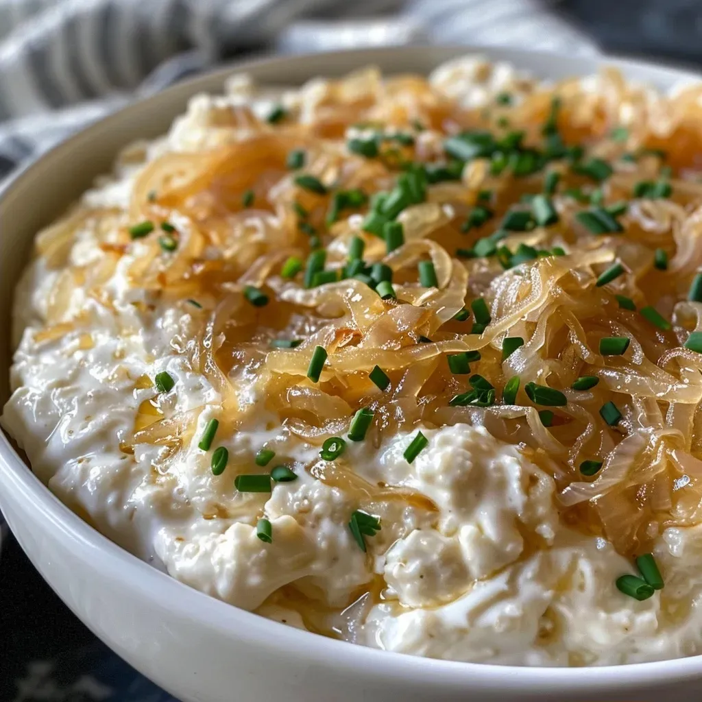 Creamy caramelized onion dip garnished with chives and served with chips.