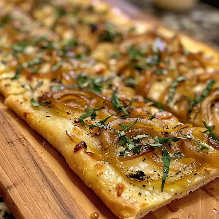 Savor the Simplicity: A Deliciously Easy Caramelized Onion Flatbread Recipe Close-up of a golden brown flatbread topped with caramelized onions and cheese.