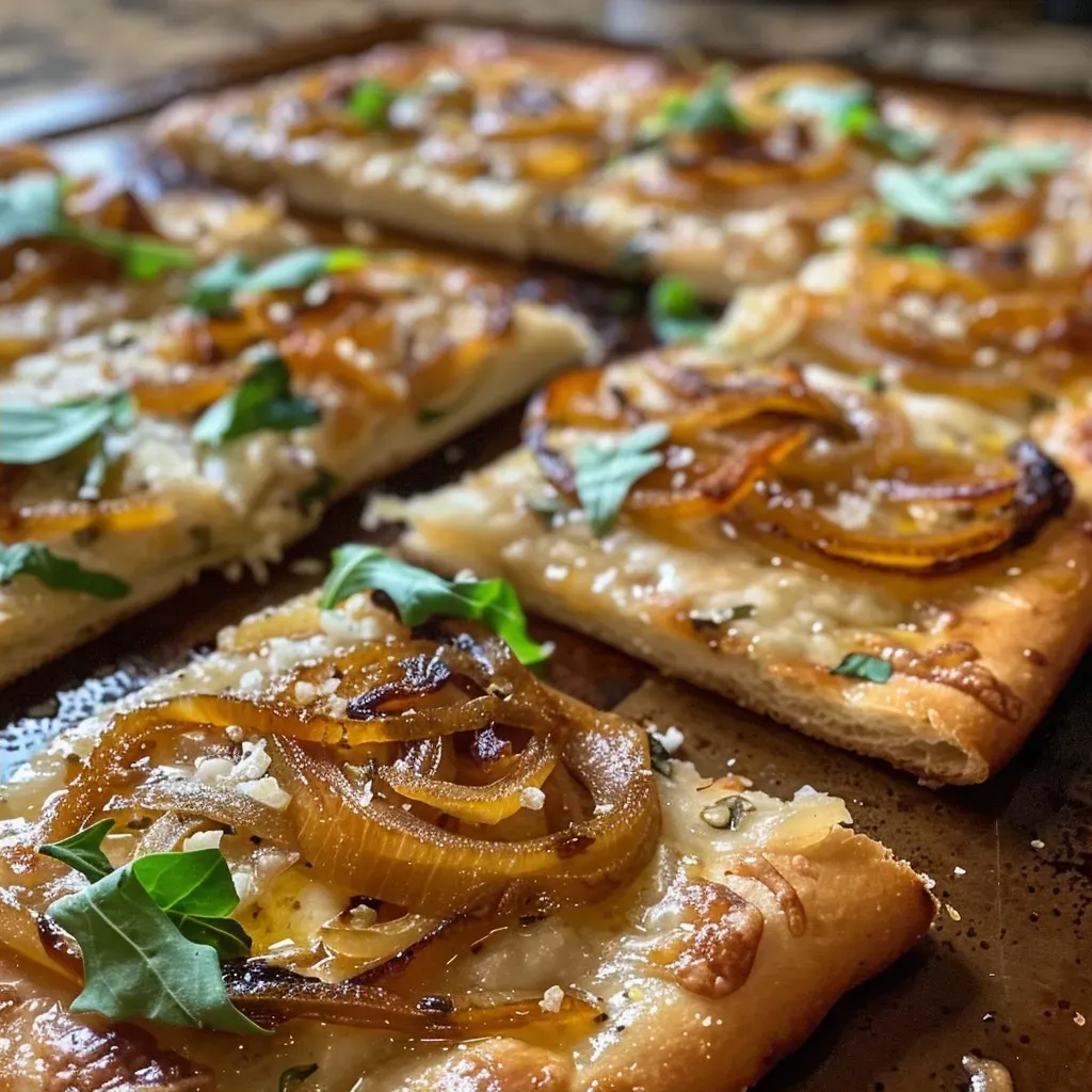 Side view of a delicious flatbread with melted vegan cheese and fresh arugula.