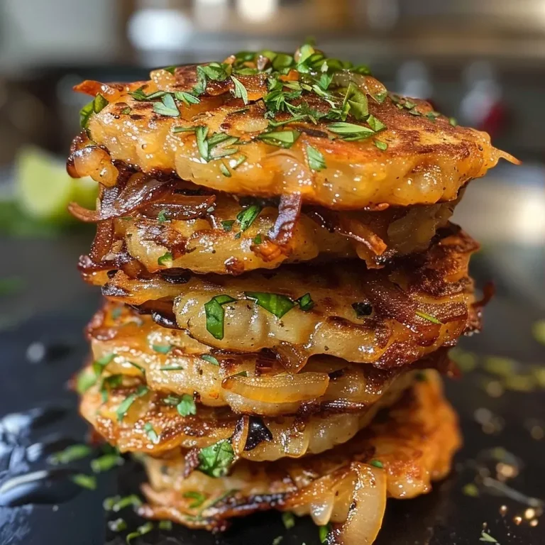 Close-up view of golden-brown caramelized onion fritters stacked on a white plate.