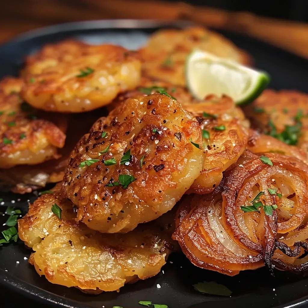 Side view of stacked caramelized onion fritters on a white plate, showcasing their texture.