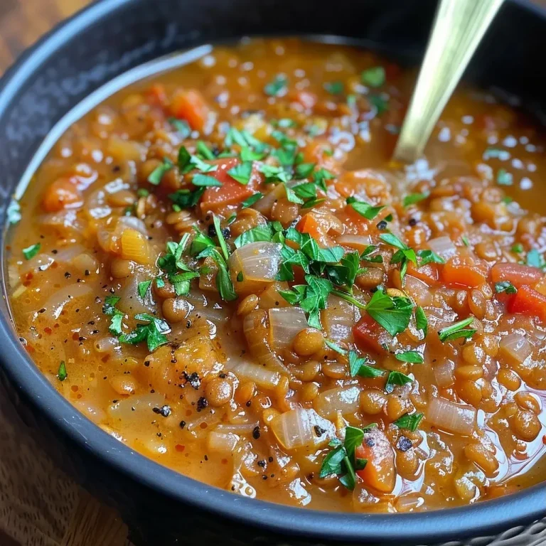 Close-up of a creamy caramelized onion red lentil soup in a bowl.