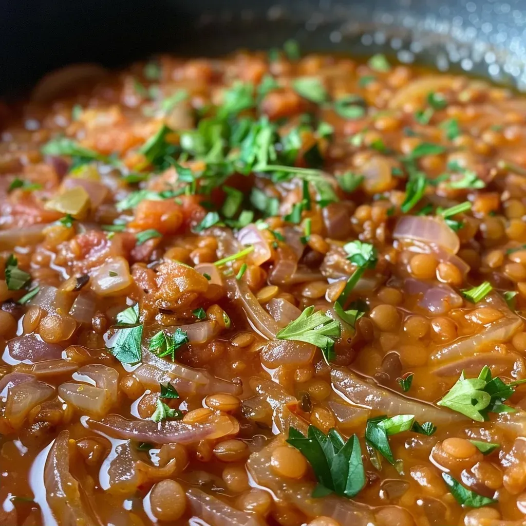 Side view of steaming caramelized onion red lentil soup garnished with herbs.
