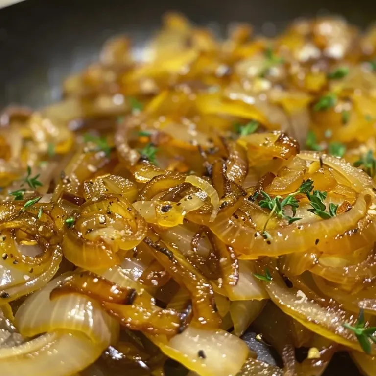 Unlocking the Savory Depths: 5-Ingredient Jammy Caramelized Onions Close-up view of caramelized onions glistening with a rich, golden hue.