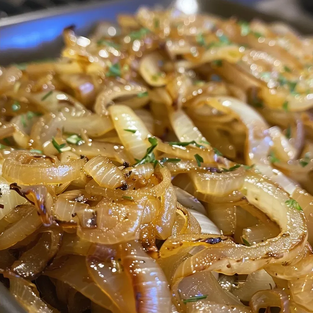 Side angle of juicy, sweet caramelized onions with a glossy finish.