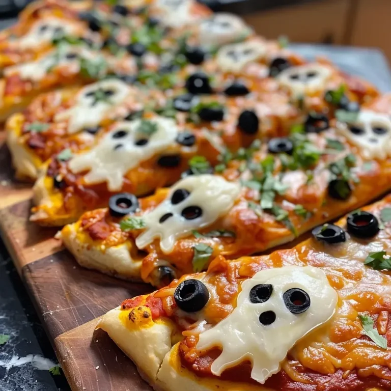 Spooktacular Cemetery Flatbread Pizza: A Hauntingly Delicious Treat Close-up view of a Cemetery Flatbread Pizza topped with ghost-shaped mozzarella and olives.