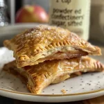 A close-up side view of golden-brown Chai Apple Hand Pies with a flaky crust.
