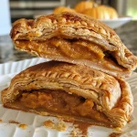 A close-up side view of golden-brown Chai Spiced Pumpkin Hand Pies resting on a wooden surface.