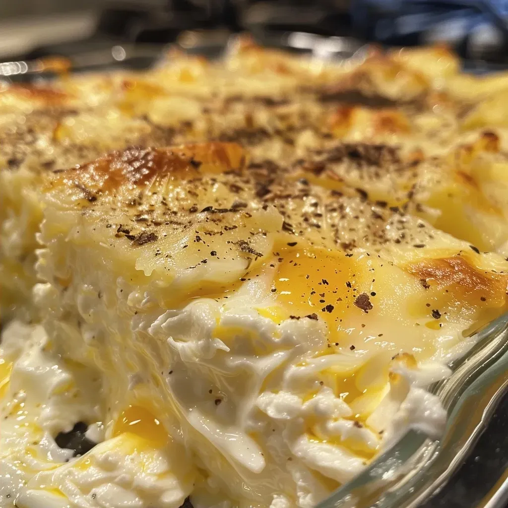 Side view of a cheesy pudding dish, showing its luscious texture.
