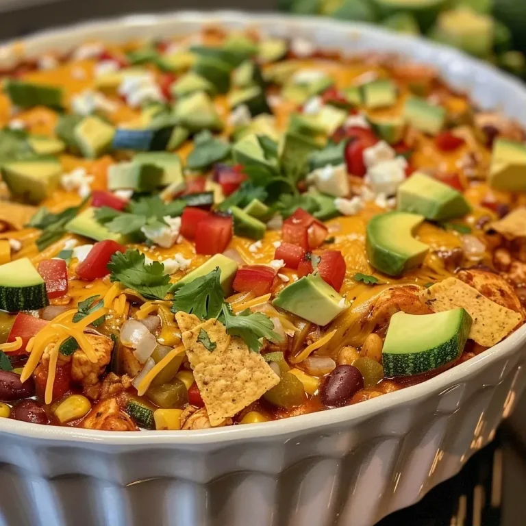 Savoring Comfort: The Ultimate Chicken Chili Casserole Experience Close-up of a Chicken Chili Casserole with melted cheese and colorful vegetables.