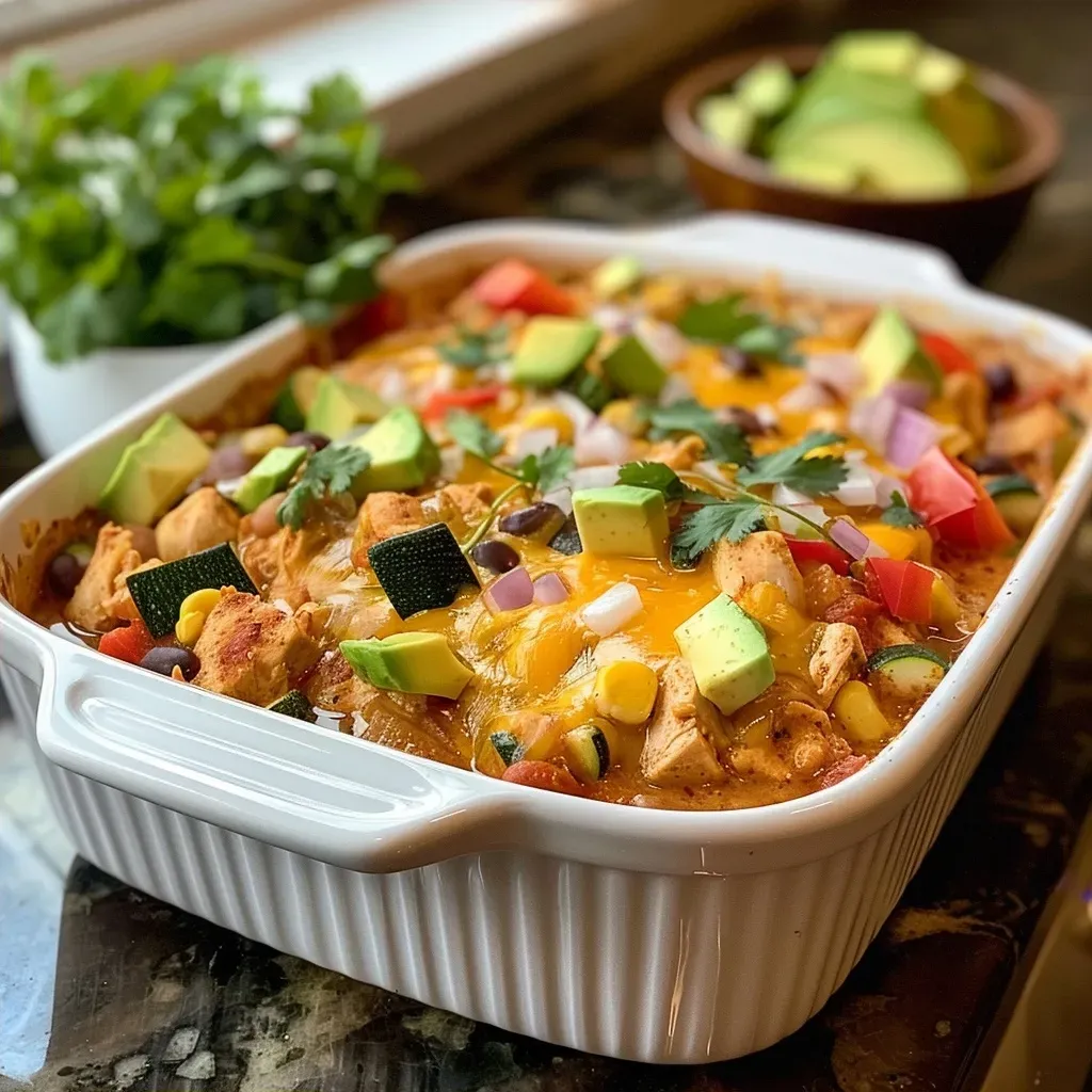 Side view of a hearty Chicken Chili Casserole topped with crushed tortilla chips and fresh cilantro.