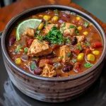 Close-up of a bowl of chicken chili topped with herbs and lime slices.