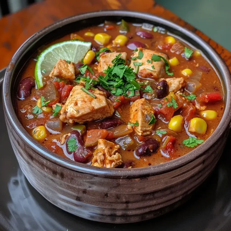 Close-up of a bowl of chicken chili topped with herbs and lime slices.