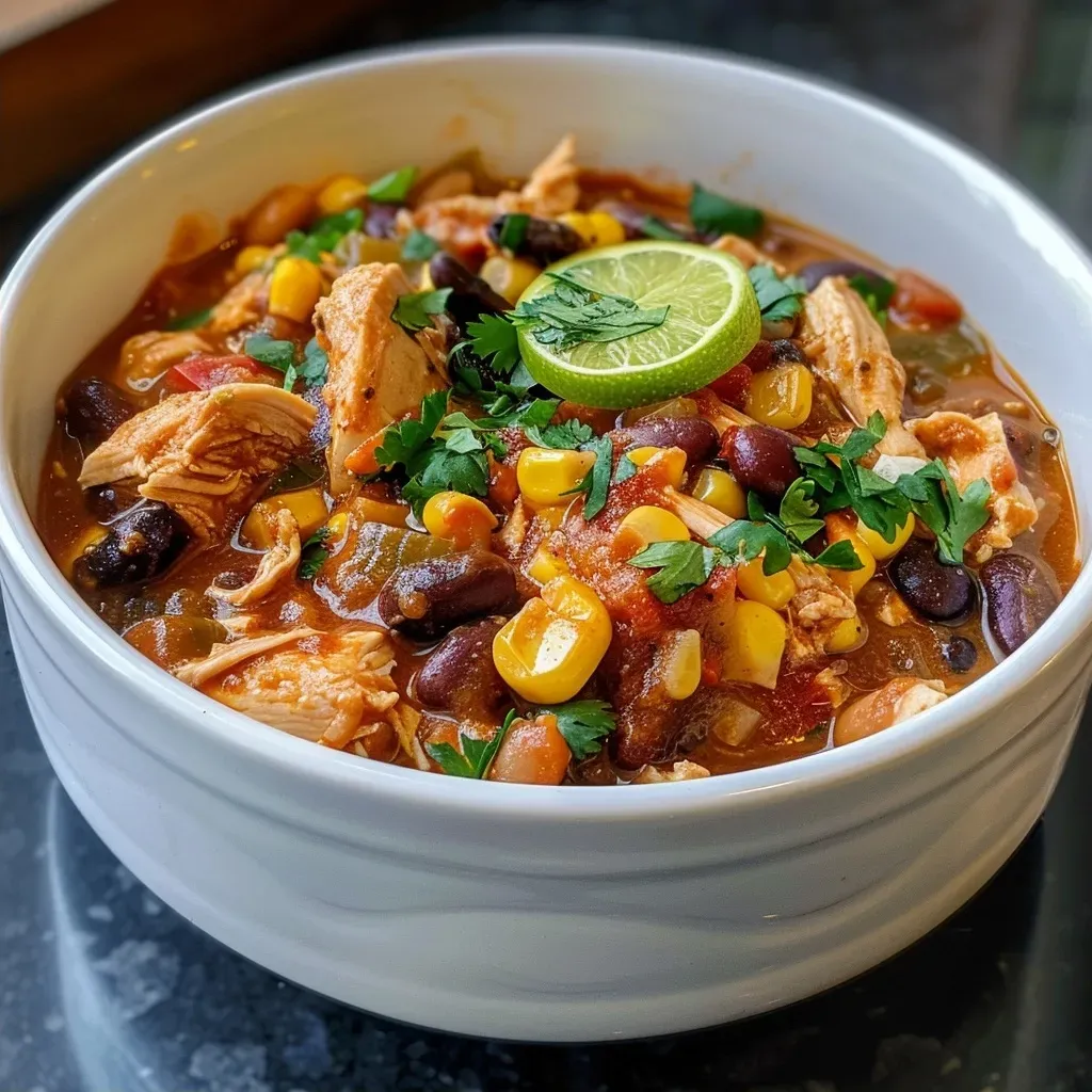 Juicy chicken chili in a vibrant bowl, showcasing beans and garnishes.