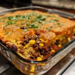 A side view of a hearty Chili Cornbread Casserole in a baking dish, showing layers of cornbread and chili.