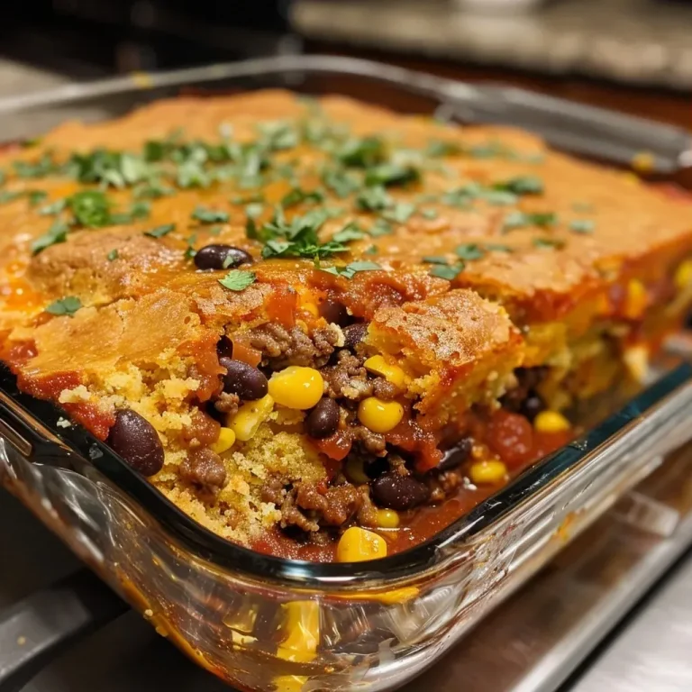 A Cozy One-Pan Meal That Brings Everyone Together A side view of a hearty Chili Cornbread Casserole in a baking dish, showing layers of cornbread and chili.