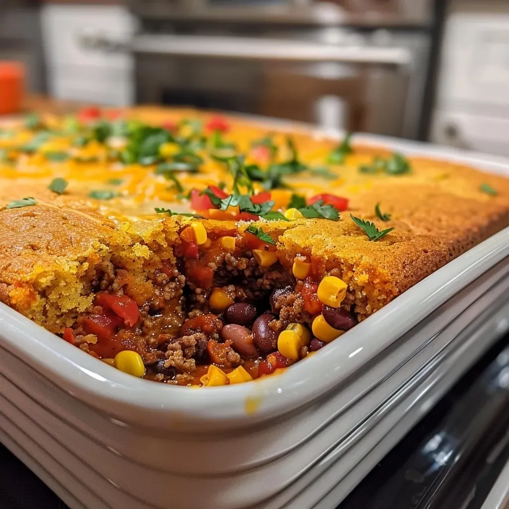 Close-up of a delicious Chili Cornbread Casserole with visible melted cheese and colorful ingredients.