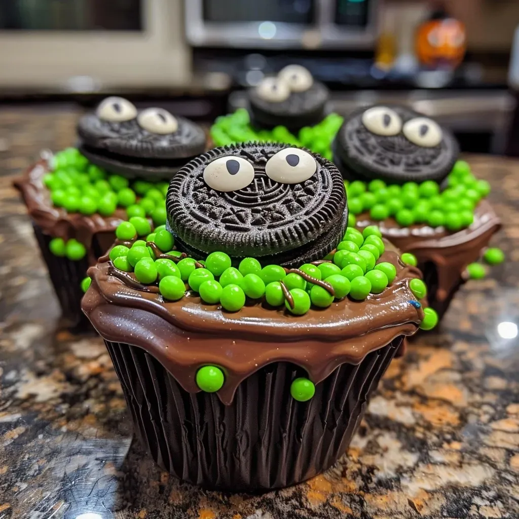 Side angle of a chocolate cauldron with layers of pudding, topped with Halloween-themed decorations.
