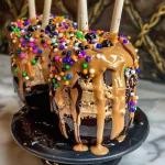 Close-up of Chocolate Peanut Butter Cauldron Pops with vibrant decorations.