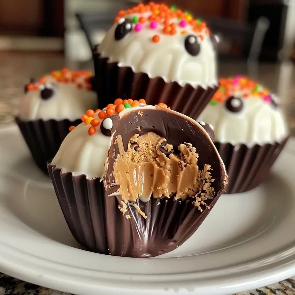 Side view of delicious Chocolate Peanut Butter Cauldron Pops on a festive background.