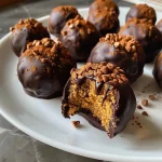 A close-up view of chocolate pumpkin pie protein truffles, showcasing their rich texture and chocolate coating.