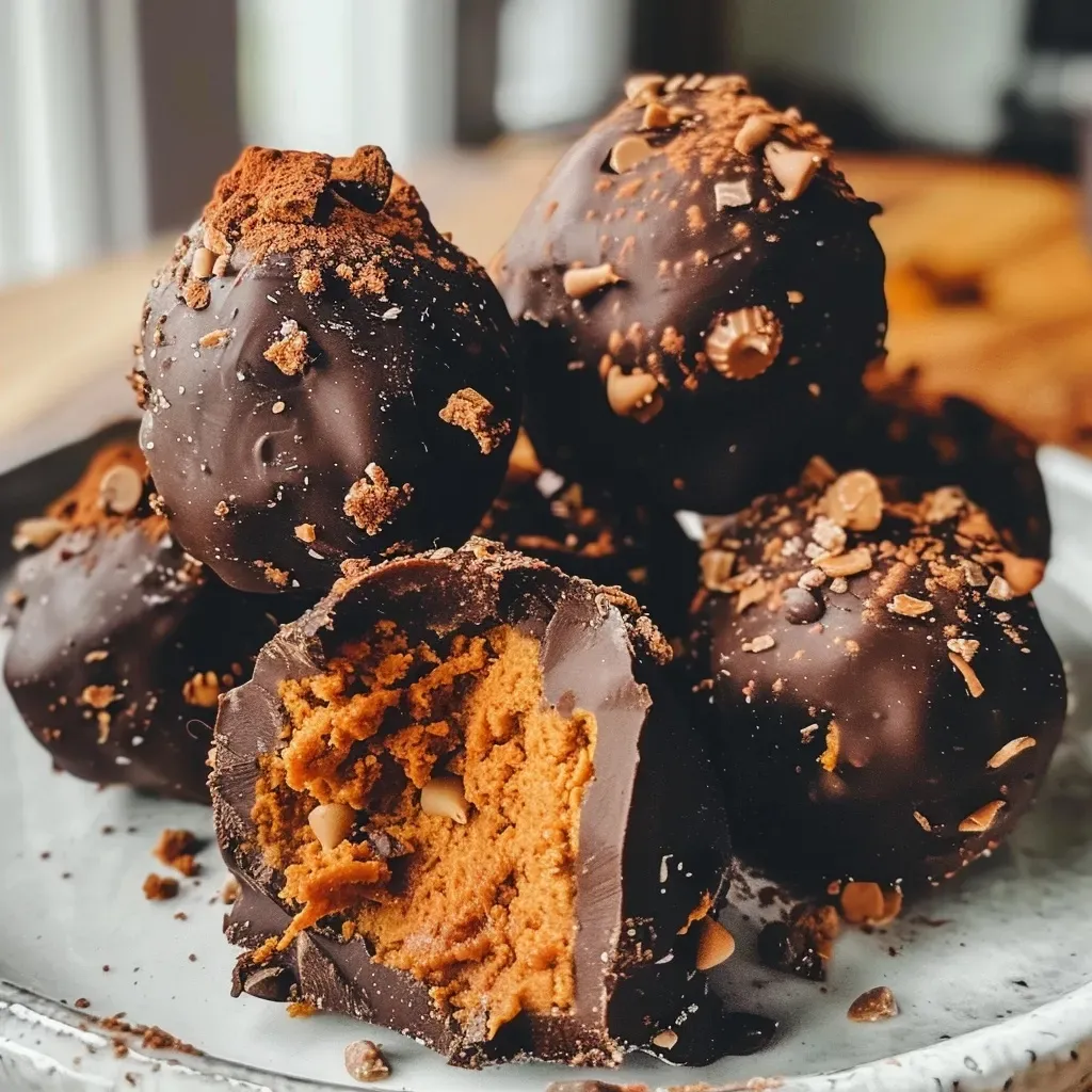 Delicious protein truffles made with pumpkin and chocolate, featuring a glossy exterior and sprinkled cocoa.