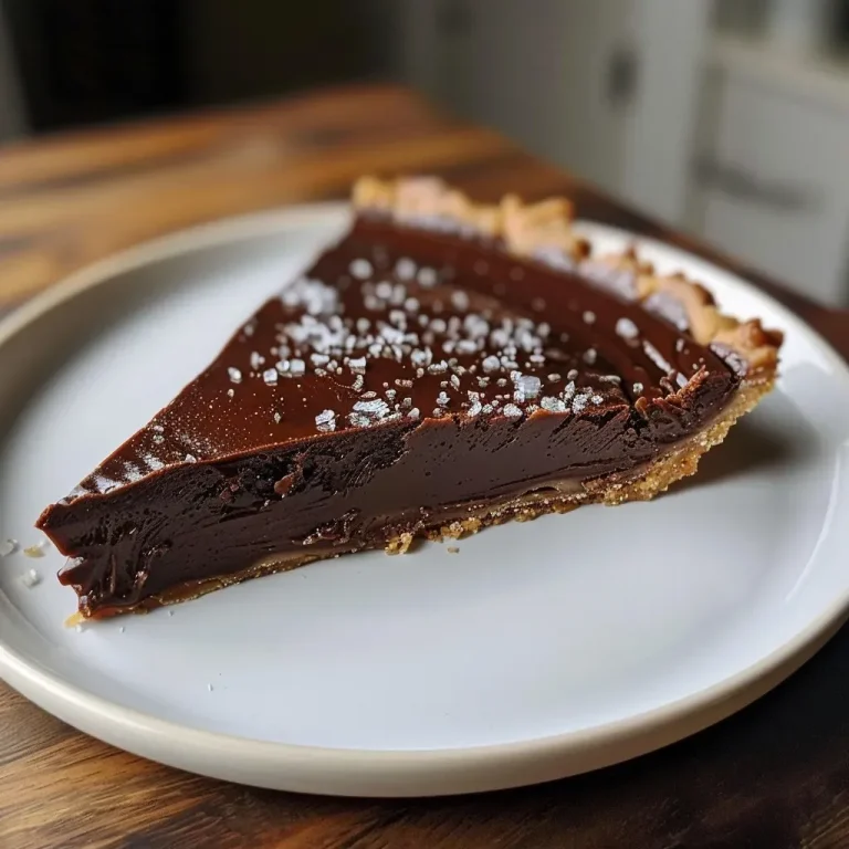 Close-up of a rich Chocolate Salted Caramel Tart with a glossy caramel topping.