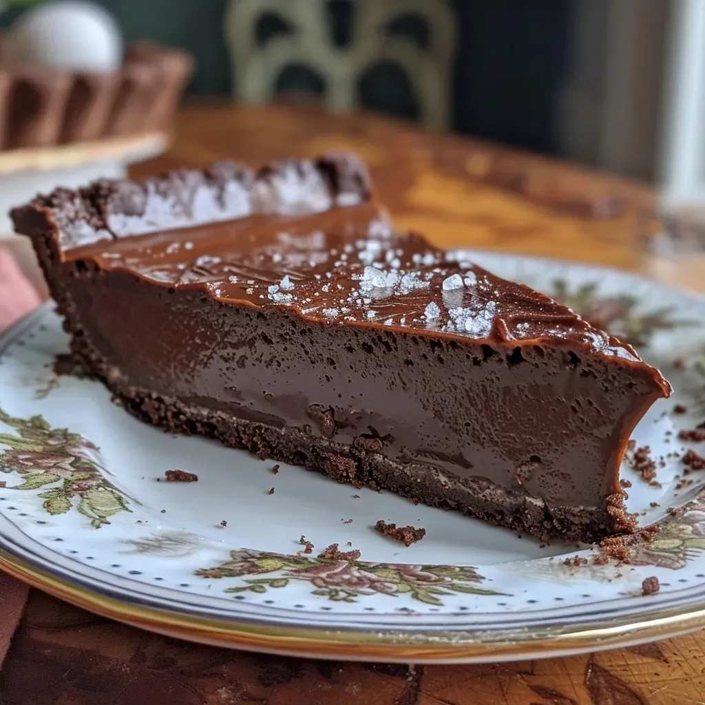 Side view of a decadent Chocolate Salted Caramel Tart showcasing layers of chocolate and caramel.