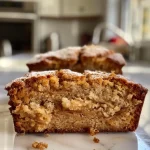 Side view of a loaf of cinnamon apple bread with a golden-brown crust and visible apple chunks.