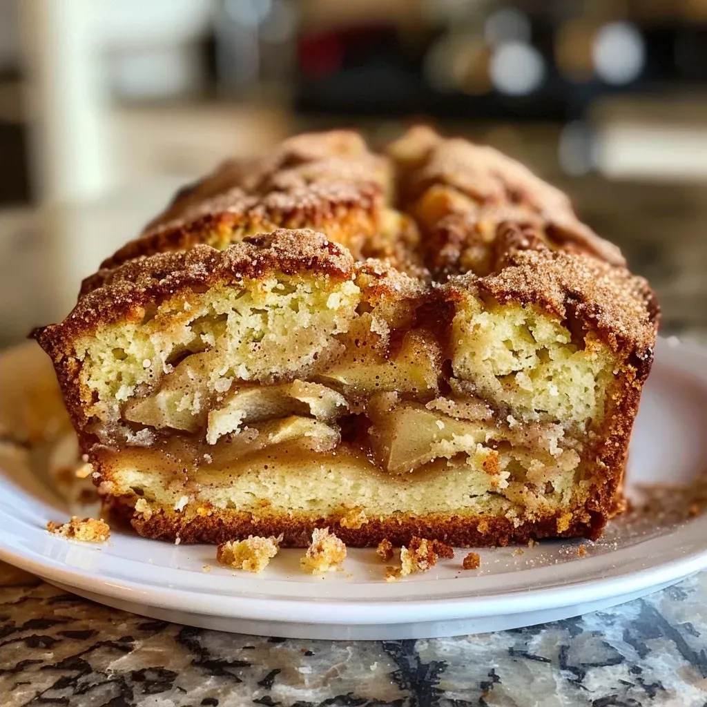 Close-up shot of baked cinnamon apple bread showcasing a moist texture and cinnamon sugar topping.