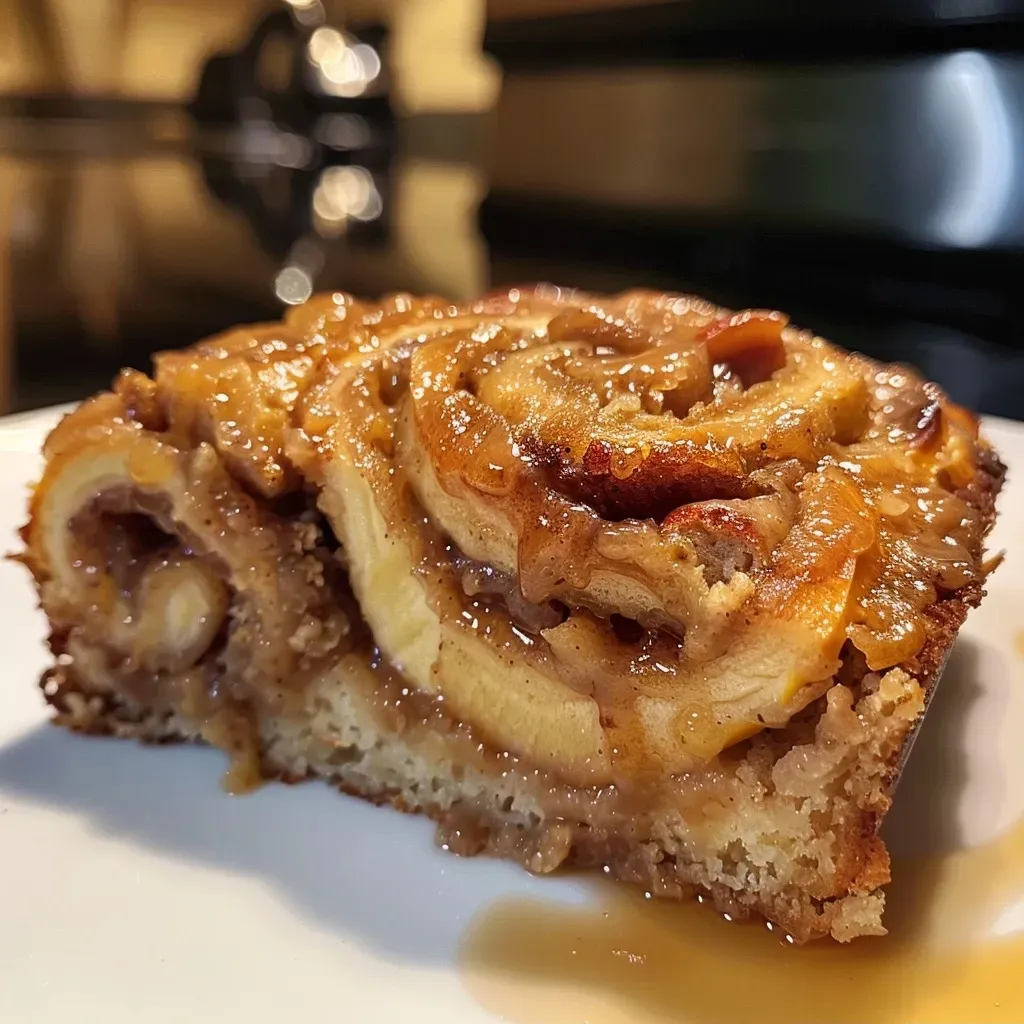 Side view of a delicious loaf of Cinnamon Roll Apple Bread displaying its gooey texture.