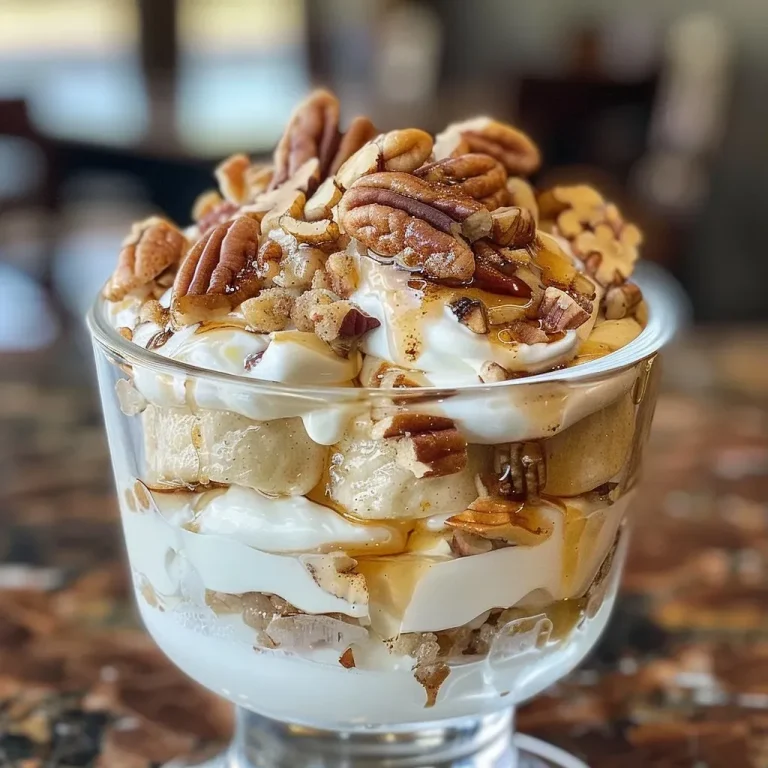 Close-up view of a layered Cinnamon Roll Breakfast Parfait in a clear glass.