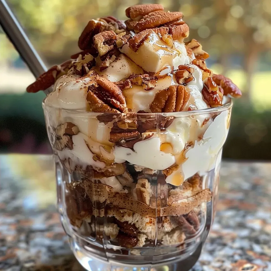 Side view of a delicious Cinnamon Roll Breakfast Parfait with layers of yogurt and cream cheese.