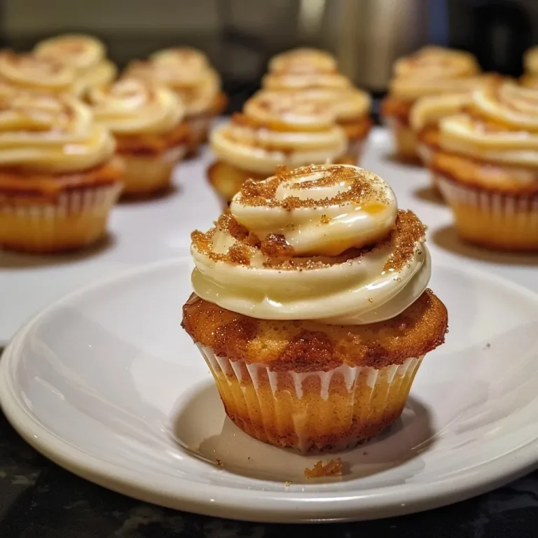 Close-up side view of Cinnamon Roll Cupcakes, showcasing their swirled icing and fluffy texture.