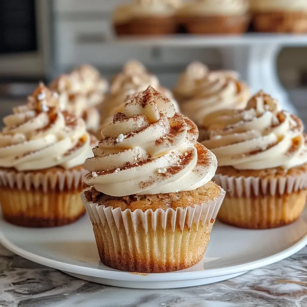 Deliciously topped Cinnamon Roll Cupcakes with a decadent cream cheese frosting, captured in vibrant detail.