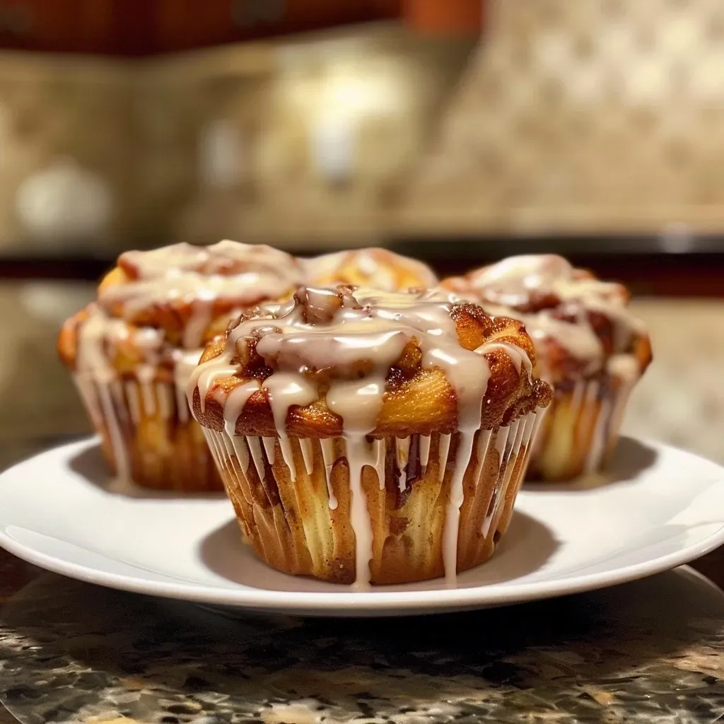 Side view of freshly baked cinnamon roll muffins showcasing their swirled cinnamon filling.