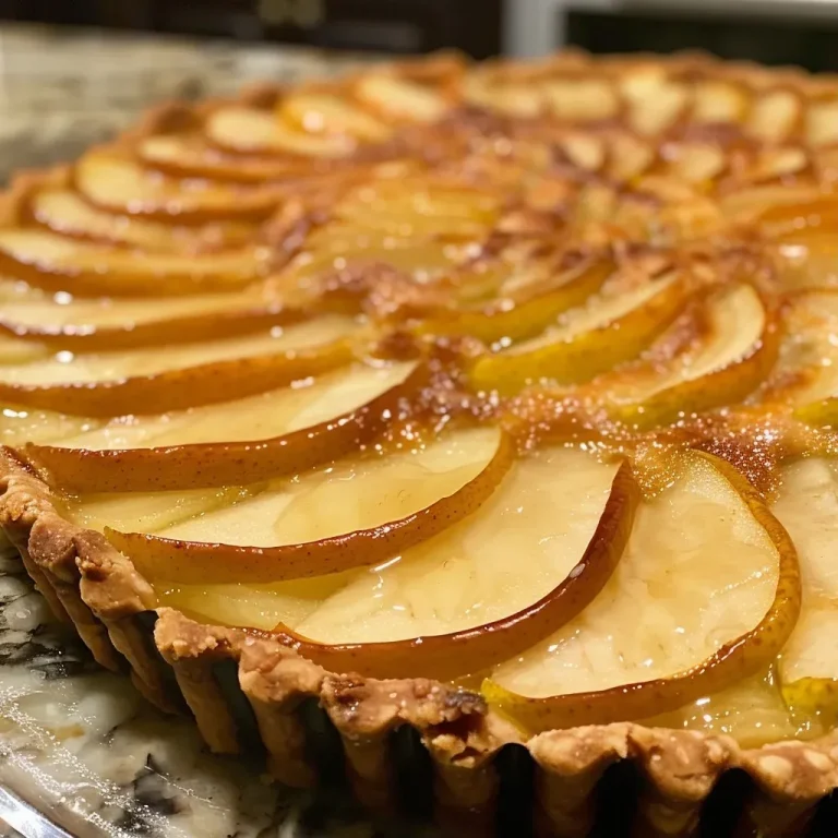 Unlocking the Flavors of Fall: A Timeless Pear Tart Recipe A close-up view of a delicious classic pear tart, showcasing sliced pears on a golden crust.