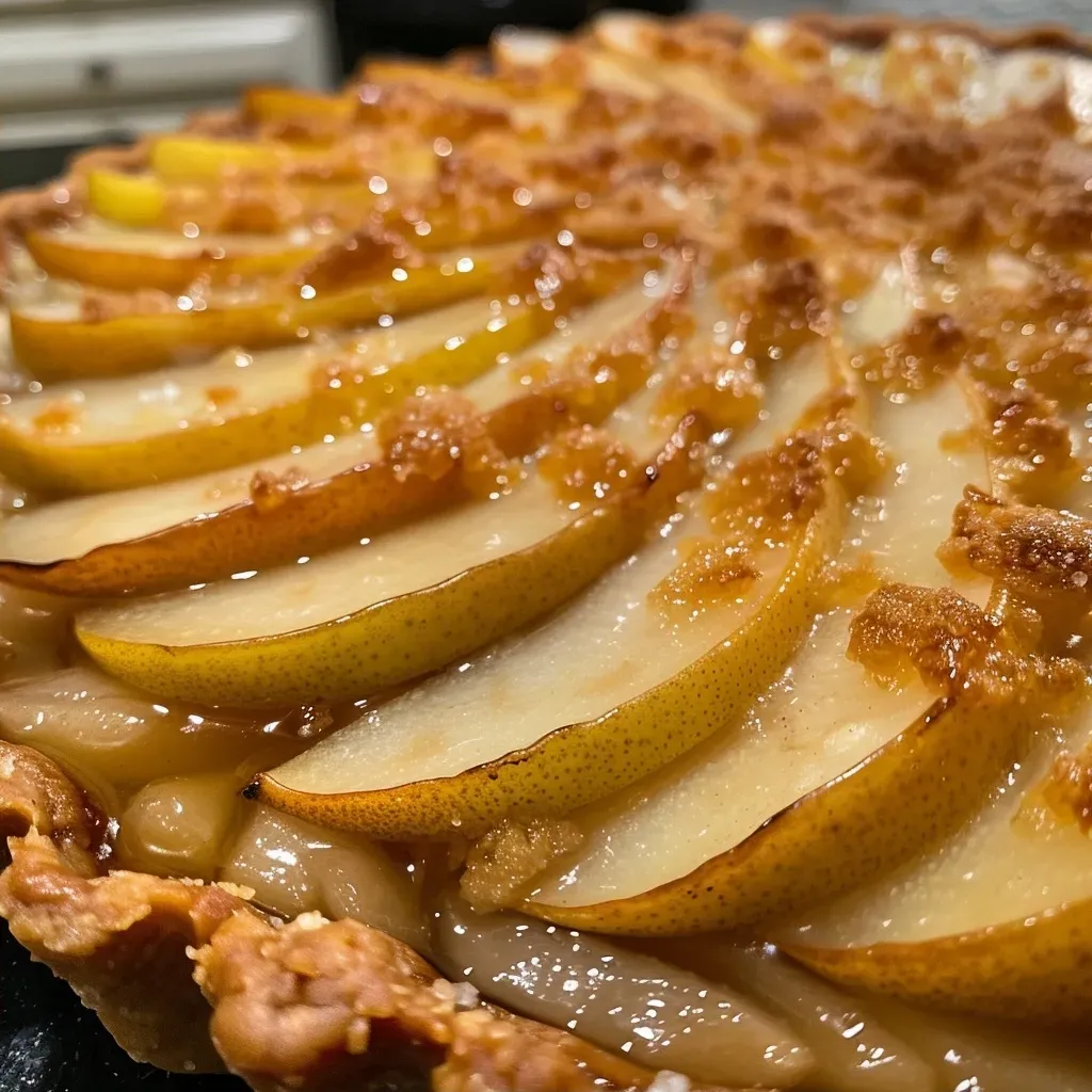Side view of a freshly baked pear tart, highlighting the juicy pear slices and flaky crust.