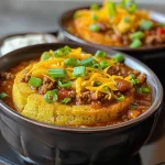 Close-up view of a homemade cornbread bowl filled with chili, garnished with cheese and green onions.