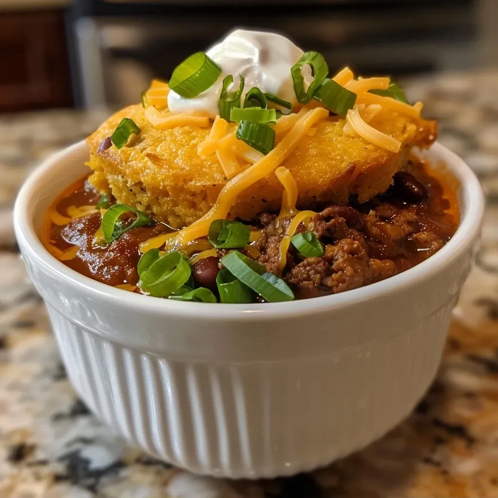 Side angle of a cornbread bowl overflowing with chili, topped with shredded cheese and sour cream.