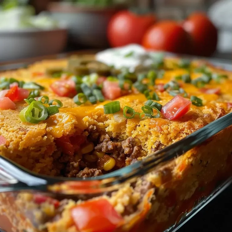 Close-up side view of a juicy Cornbread Taco Bake topped with cheese.